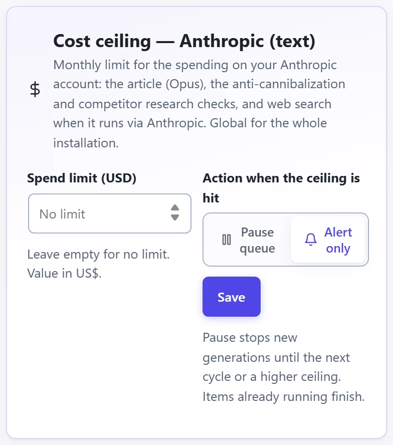 The Anthropic cost ceiling card: the monthly limit and what happens when it is reached.