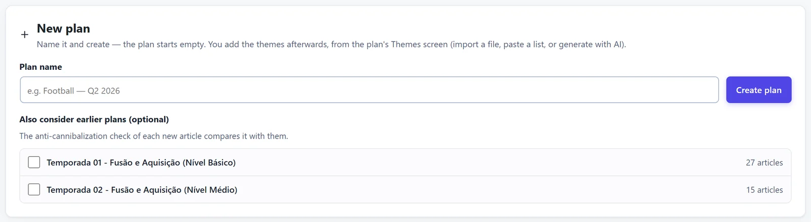 The New plan card: just the name, and the plan starts empty.
