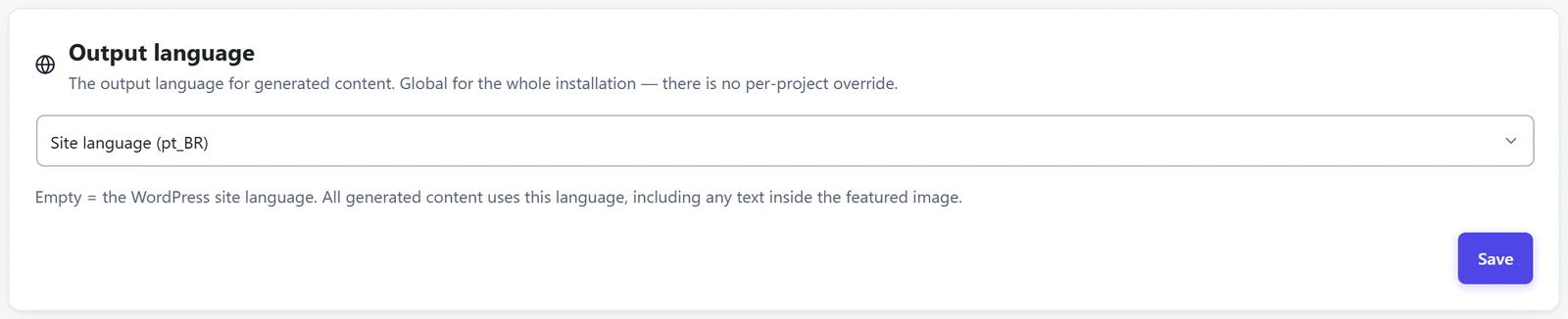 The Output language card: empty means the site language.