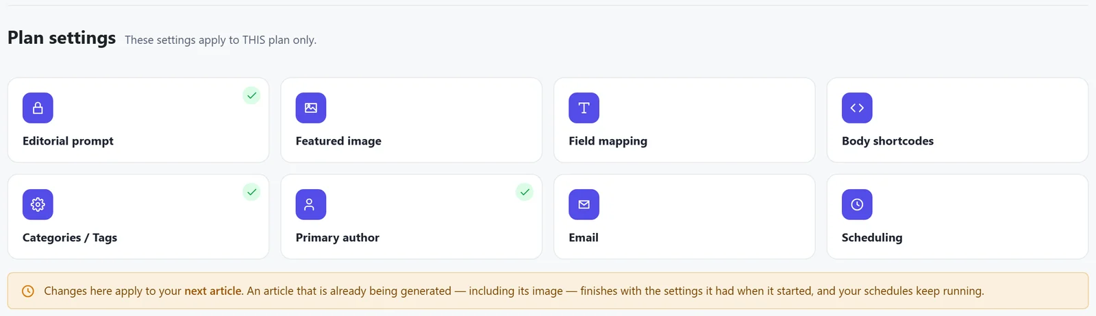 The Plan settings cards. The green tick shows what is already filled in.