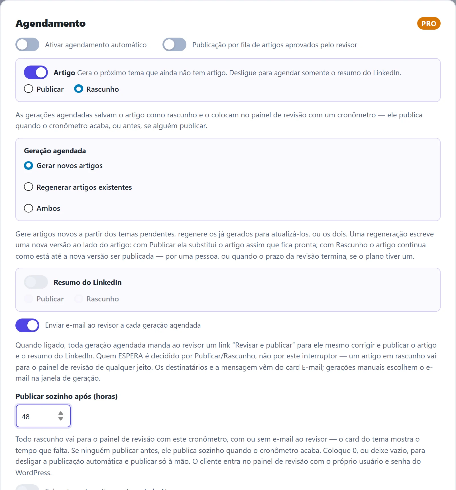 A janela Agendamento do plano: gerar ou regerar, publicar ou rascunho, revisão e publicação automática.